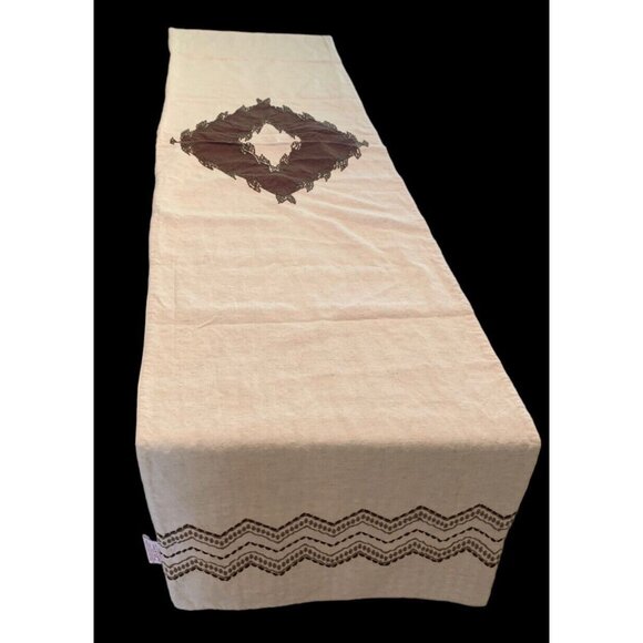 Embroidered Cotton Linen Blend Table Runner 'Ponderosa' Brown Gingham 2 Sided - Picture 2 of 8